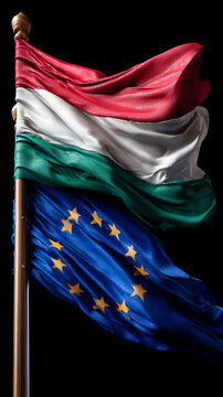 hungarian and eu flag waving on blsck background. hungary member european union