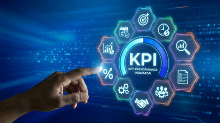 Obraz premium KPI Key Performance Indicator concept with digital icons and finger on futuristic blue background
