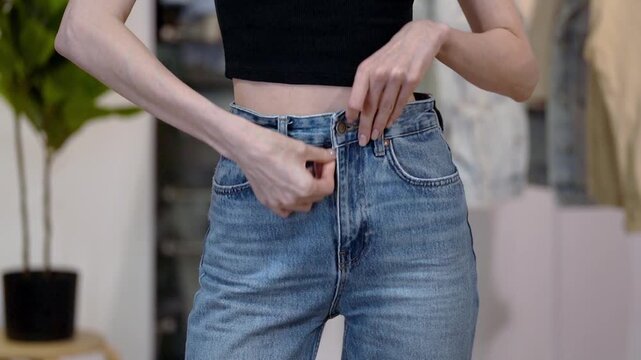 Young Caucasian white woman fastens fitted blue jeans, turns and strokes hips in home wardrobe interior. Concept of flattering denim fit with slim waist, feminine confidence and modern casual clothing