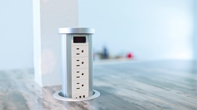 A man's hand presses a flush-mounted silver circular button on a grey marble kitchen countertop, activating a motorized pop-up power outlet tower that rises vertically to reveal multiple US electrical