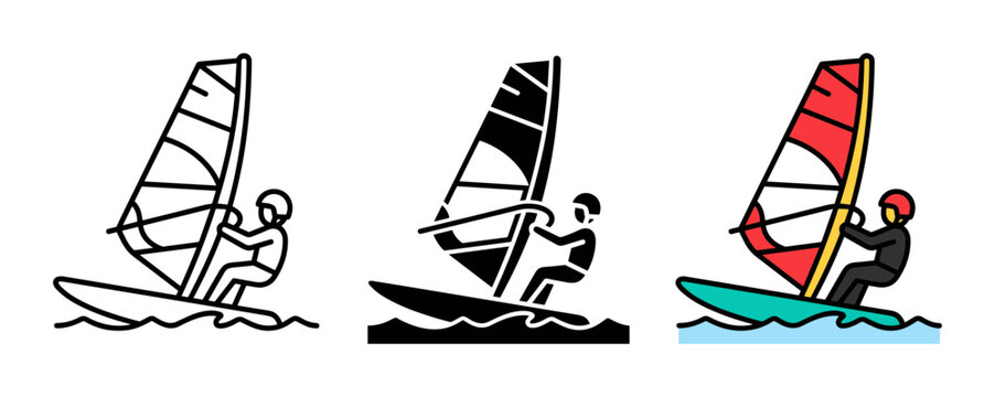 Windsurfing Icons Set: Silhouette, Outline, and Color Vector Graphics for Water Sports and Recreation
