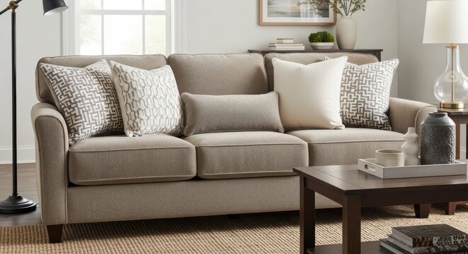 Transitional style sectional sofa with plush chenille upholstery and accent pillows in a well-lit room