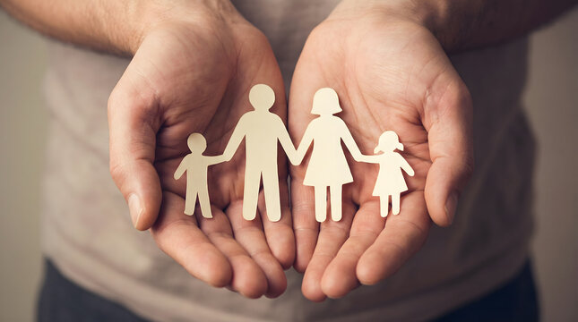 Hands holding paper cut family silhouette, symbol of protection and care