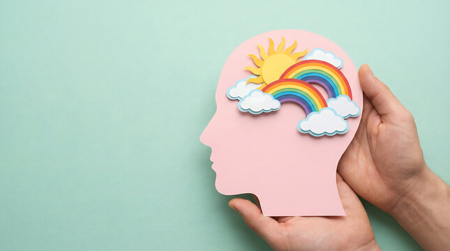 Mindful head silhouette with sun, rainbow, and clouds symbolizing positive thoughts