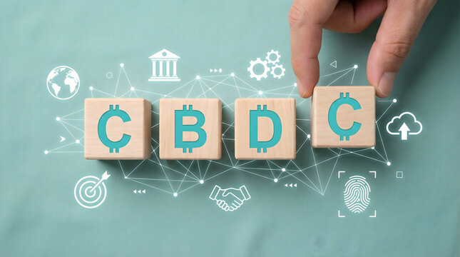 CBDC concept with digital currency symbols on wooden blocks and icons