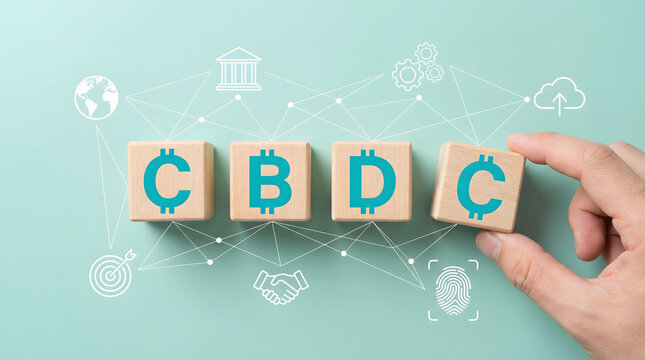 CBDC concept: Central Bank Digital Currency blocks and digital icons