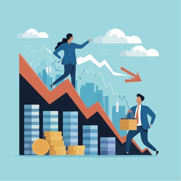 Business people navigating declining market graph with cityscape backg