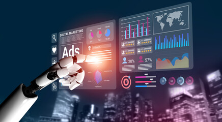 Fototapeta premium A robotic hand reaches out to interact with a dynamic digital marketing analytics dashboard, providing insights for business strategies in an urban setting. Gantry