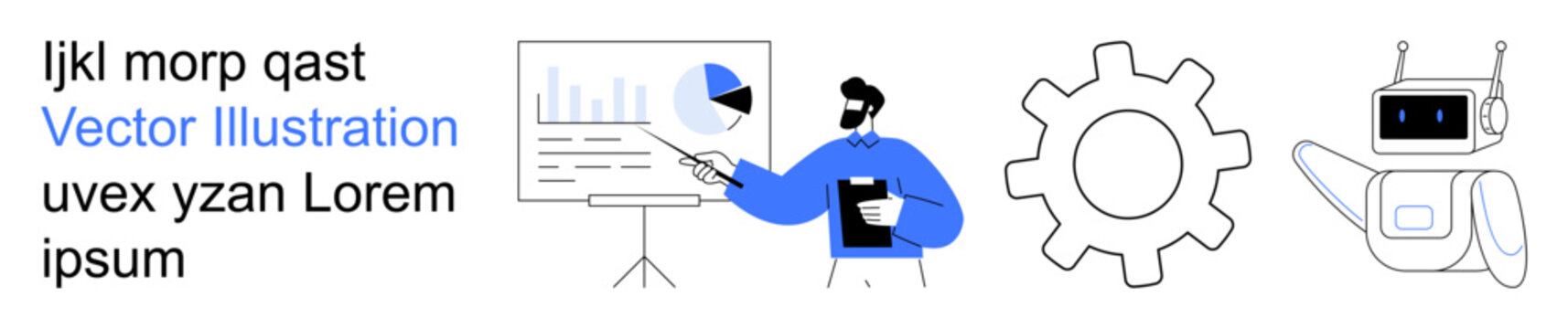 Business presentations, artificial intelligence, teamwork, data analysis, technology, innovation. Man presenting charts, gear and robot. Business presentations and artificial intelligence concept