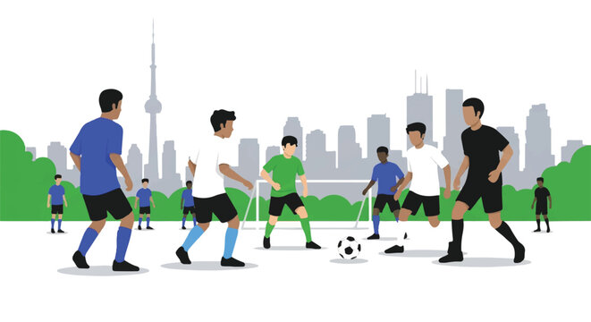 Multi-ethnic youth playing a pickup soccer game in a public park with tall Toronto-style skyscraper silhouettes in the distance, bright flat lighting, 5-color palette of royal blue, white,