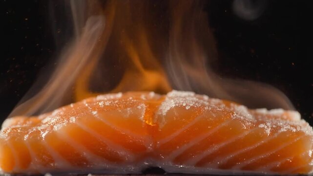 Close-up of a vibrant orange salmon fillet being expertly seared over open flames, creating a dramatic culinary scene with rising smoke and sizzling textures, perfect for a gourmet meal preparation