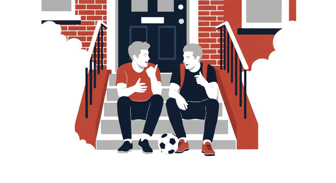 Two friends sitting on a classic brick stoop with a soccer ball at their feet, talking excitedly in a city neighborhood, flat afternoon lighting, 4-color palette of brick red, navy, white, and