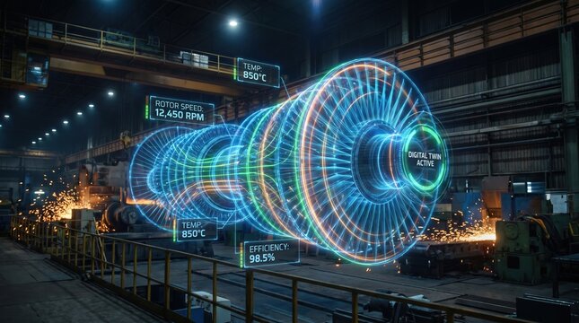 Industrial Digital Twin of Turbine Engine with Augmented Reality HUD Overlay in Smart Factory Manufacturing Plant