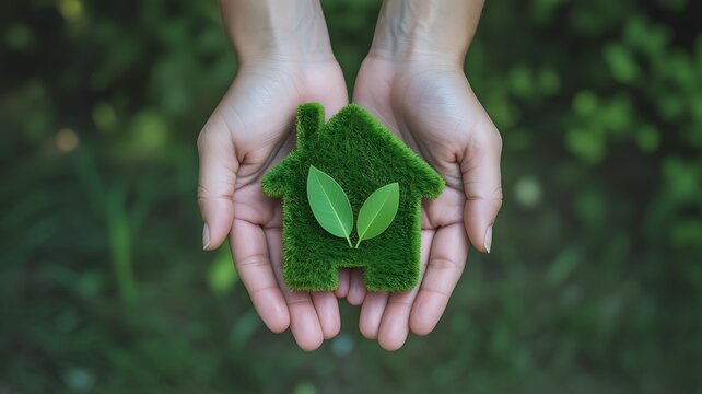 Hands holding a fresh green clover leaf against green foliage background, green leaf fresh leaf