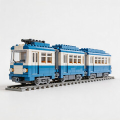 Obraz premium A detailed two-car tram model built from toy building bricks, placed on a standard railway track against a plain white background.