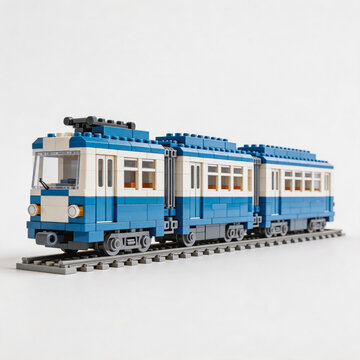 A detailed two-car tram model built from toy building bricks, placed on a standard railway track against a plain white background.