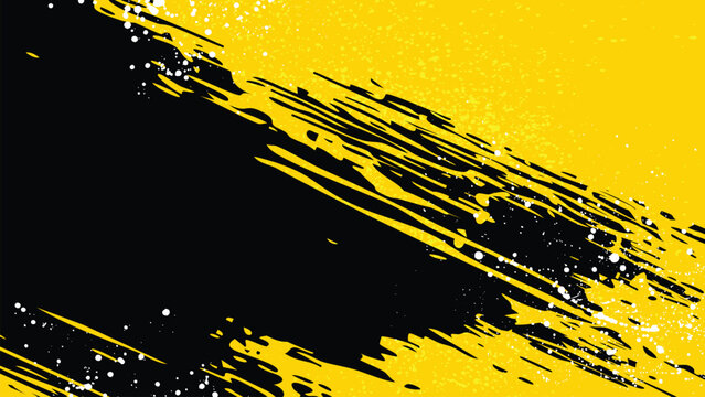A yellow background with diagonal black brushstrokes and small white droplets.