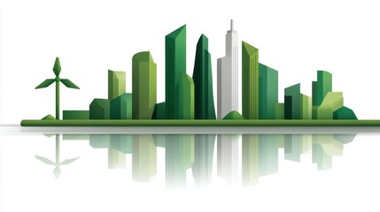 Fototapeta premium Modern Green Cityscape with Skyscrapers, Wind Turbine, and Reflection of Urban Landscape in Fresh Tones of Green and White