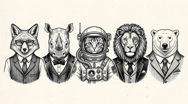 Stylish ensemble of anthropomorphic animals in tailored suits and a space outfit, a unique collection of sophisticated hand-drawn character illustrations