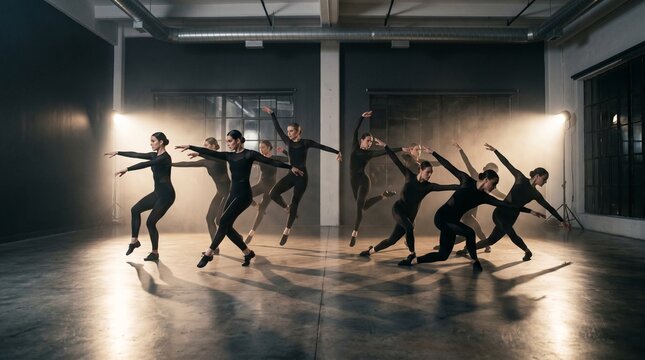 A group of modern dancers in tight black outfits performing in a moody studio.