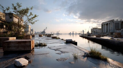 Fototapeta premium Harbor Dawn: A serene dawn breaks over a quiet industrial harbor, with cranes silhouetted against the pale sky and calm water reflecting the scene.
