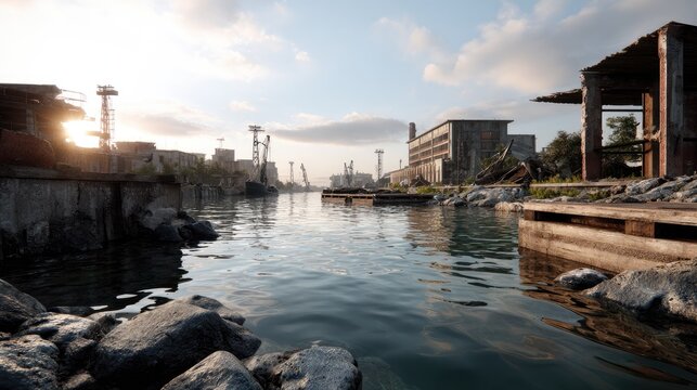 Industrial Canal at Dusk: An abandoned industrial canal reflects the warm hues of the setting sun, with weathered buildings and old machinery standing as silent witnesses to a bygone era.