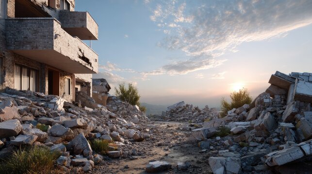 Devastation and Dawn: A haunting landscape of war-torn ruins and debris bathed in the serene light of dawn, symbolizing hope amidst destruction.