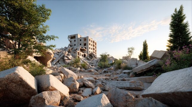 Ruinscape Panorama: A stark landscape of destruction, where a multi-story building stands partially ruined amidst piles of rubble and debris, illuminated by the gentle light of a setting sun.