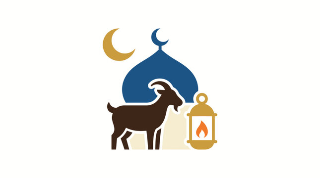 Eid al-Adha themed illustration with goat, mosque dome, and traditional lantern.