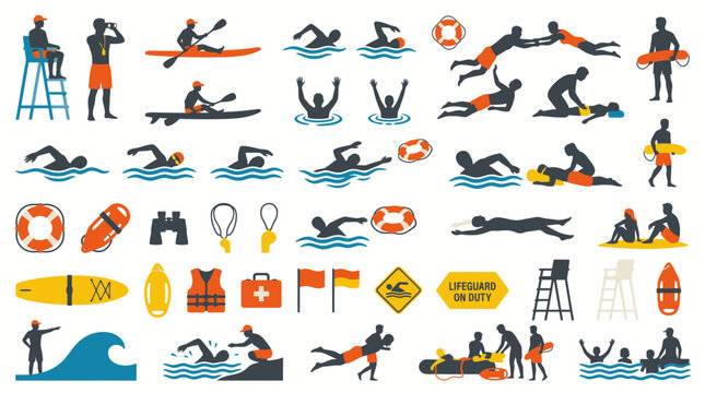 Large collection of lifeguard rescue and water safety signs and activity icons.