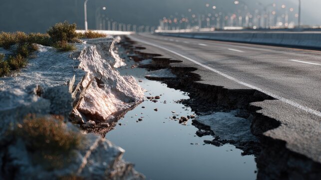 Ruptured Highway After Disaster: A cracked and broken highway, with large chasms filled with water, depicts the aftermath of a catastrophic event, emphasizing infrastructure damage.