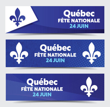 Vector set of three banners for Quebec National Day featuring fleur-de-lys