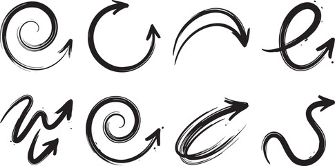 Obraz premium Sketched Brush Stroke Arrow Icons and Spiral Pointer Vector Elements Set
