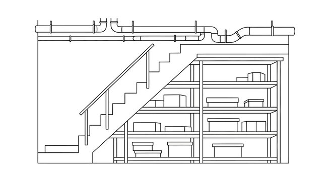 Line art illustration of a basement storage area under the stairs with shelves and pipes