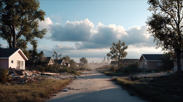 Rural Hamlet Under Cloudy Sky: A quaint rural hamlet unfolds along a dusty road, with modest houses nestled amidst trees under a dramatic sky filled with dynamic clouds.
