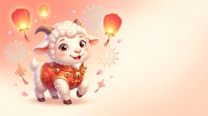 Naklejka premium Cute festive goat character with lanterns and fireworks celebrating Lunar New Year, joyful chinese zodiac mascot, prosperity and asian holiday illustration concept