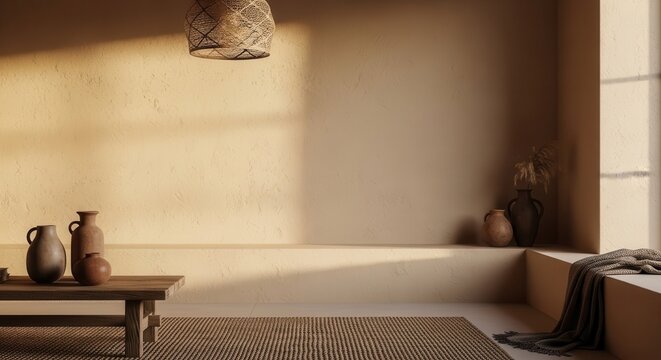 Warm beige plaster wall with sandy texture and subtle light cast shadows creating a minimalist interior
