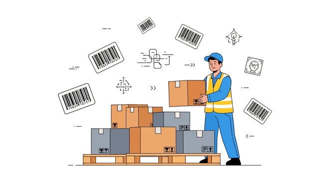 Warehouse worker handling cardboard boxes on a pallet.