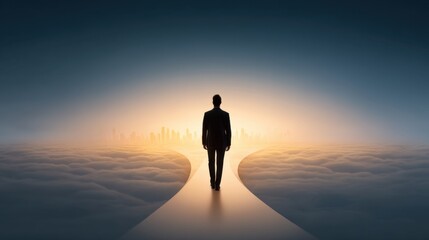Obraz premium Man Walking Alone on a Path through Clouds Towards a Bright Horizon with a Skyline in the Distance at Sunset