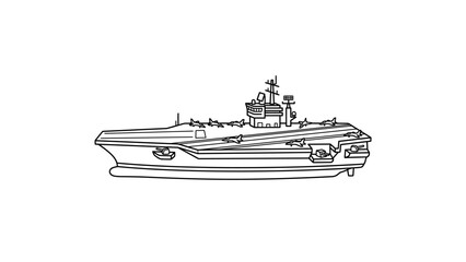 Line drawing of a warship with a flat top and angled bow, set against a plain white background in a simple illustrative style. © Dhiyak Boneto