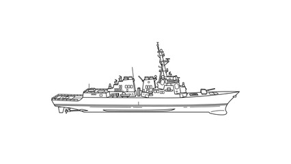 A line drawing of a naval warship with a prominent superstructure and masts against a plain white background. © Dhiyak Boneto