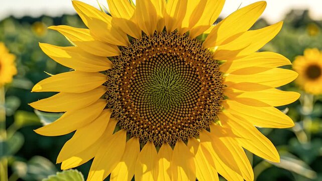 Close-up view of a sunflower bud beginning to bloom, revealing spiraling yellow petals and green spiky sepals against a blurred background of a sunny field at golden hour.
