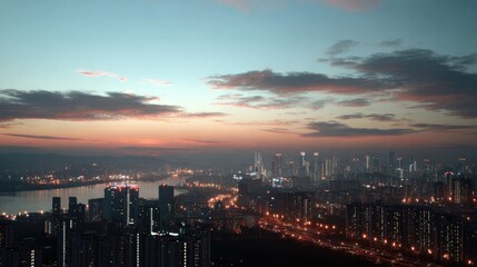 Fototapeta premium Cityscape at Dawn: An expansive cityscape unfolds beneath a painted sky of dawn, with a river winding through illuminated buildings as the first light of day breaks.