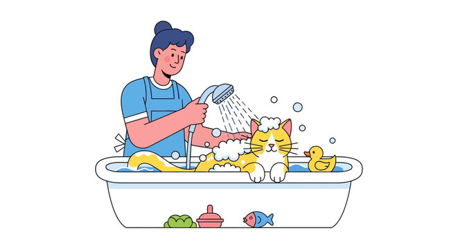 Woman bathing a grumpy cat in a bathtub with toys.