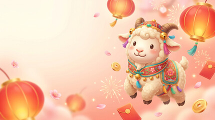 Naklejka premium Cute festive goat inspired mascot with Chinese lanterns for Lunar New Year celebration, asian holiday prosperity, zodiac animal and joyful 2027 concept