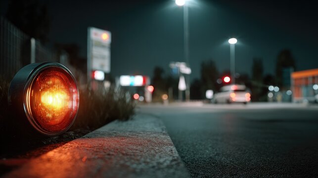 Nighttime Journey Begins: A close-up of a glowing red tail light on a vehicle hints at the start of a journey or a pause on a dark road, with streetlights and distant buildings creating a moody.
