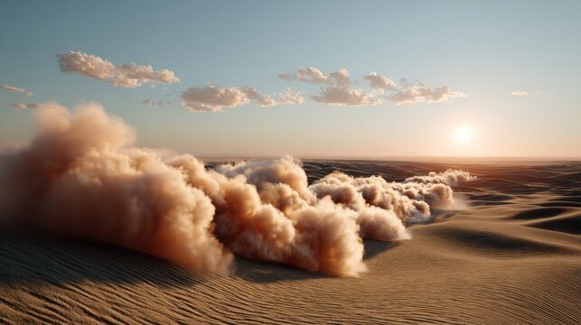 Sandstorm in the Desert: A dramatic sandstorm sweeps across a vast desert landscape at sunset, with billowing clouds of sand obscuring the horizon and casting long shadows over the dunes.