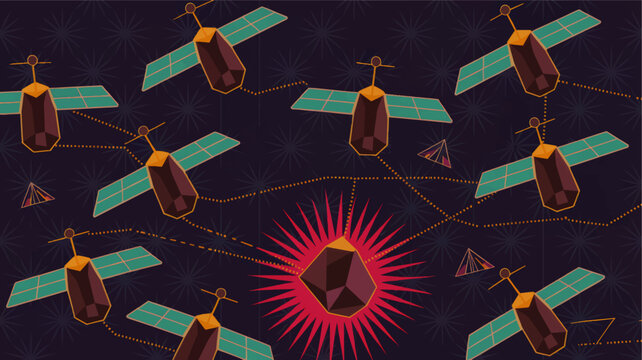 Satellite network surrounding glowing asteroid in deep space, flat vector illustration of orbital communication and space mining