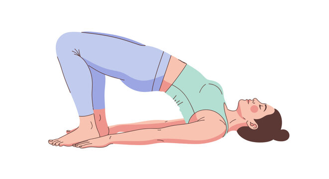 Woman performing bridge pose yoga exercise on floor.
