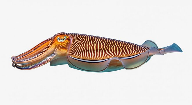 Side profile of a common cuttlefish swimming isolated on white background